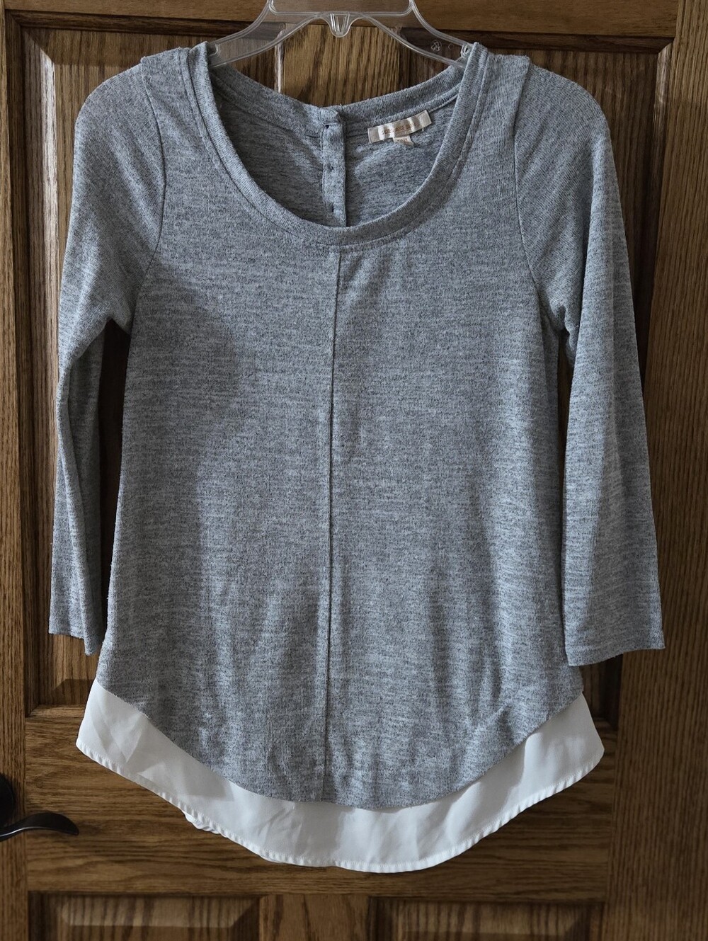 Skies Are Blue Gray Knit Layered Hem Top with White Trim